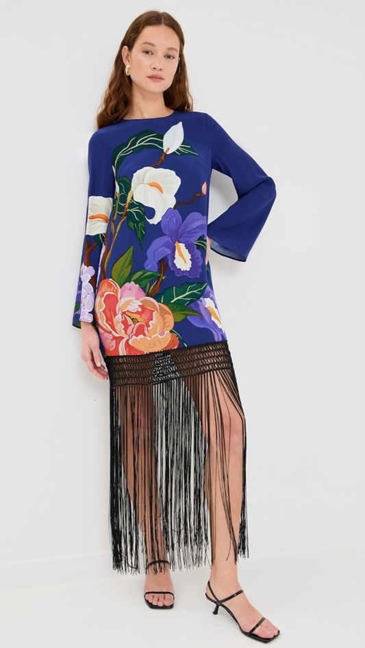 FRINGE TRIM BLUE FLORAL DRESS