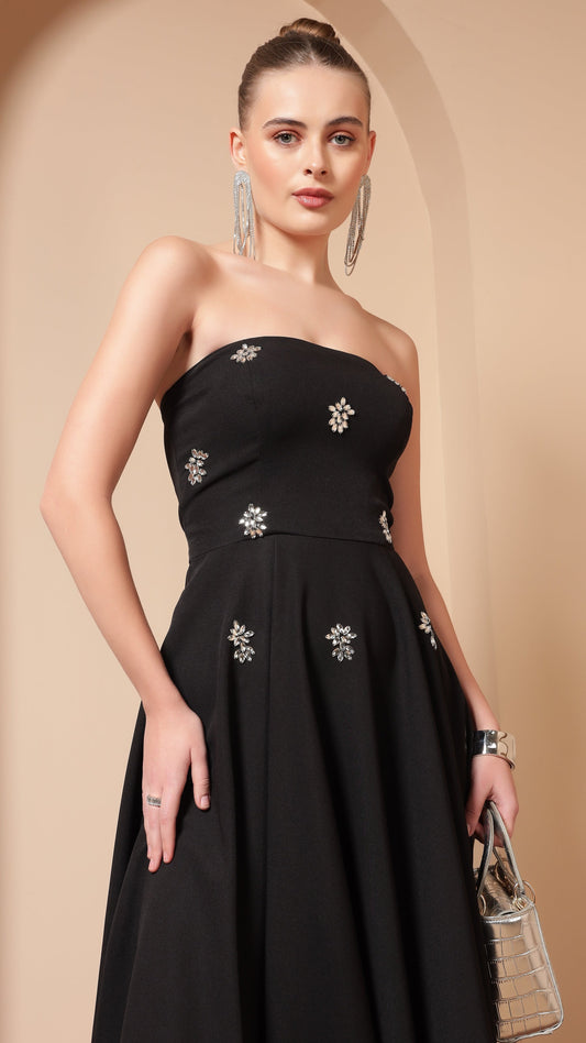 BLACK CRYSTAL EMBROIDERED FLARE MIDI DRESS