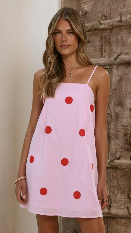 PINK RED POLKA MINI DRESS