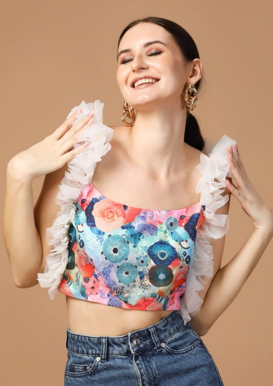 FLORAL PRINT TULLE SHOULDER TOP