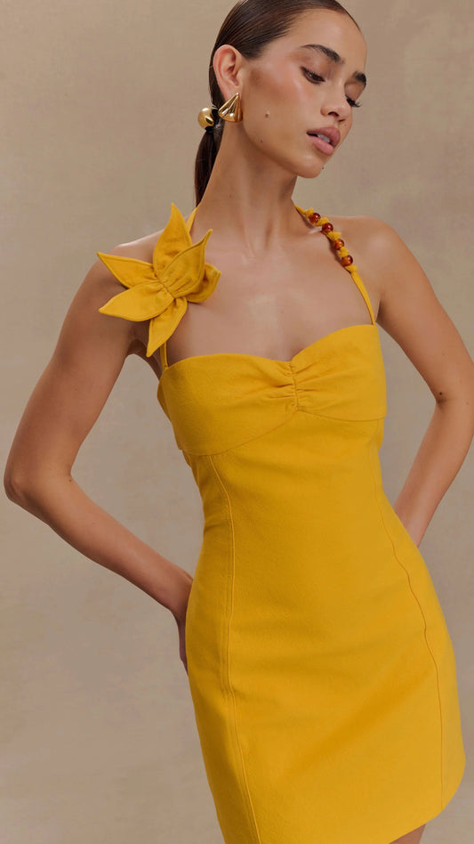3-D FLORAL MUSTARD DRESS
