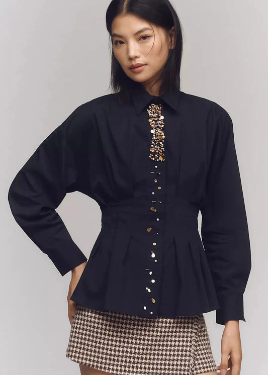 PLEATED EMBELLISHED BLOUSE SHIRT