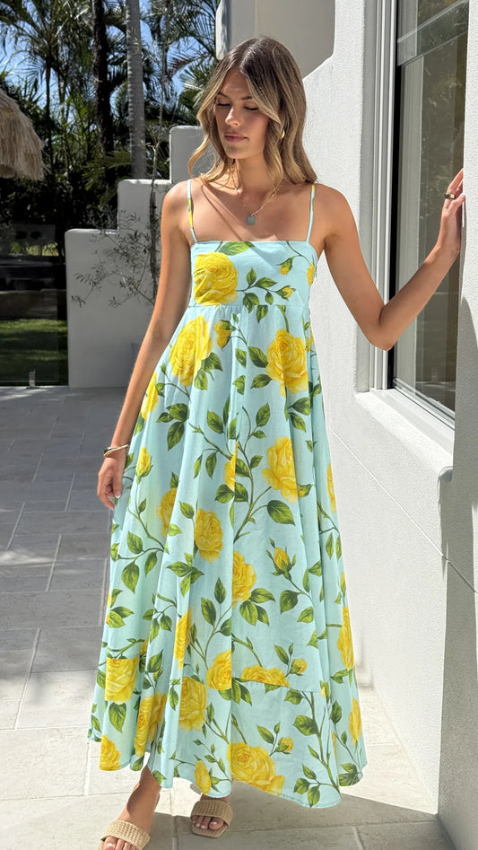 AQUA LEMON FLORAL MAXI DRESS