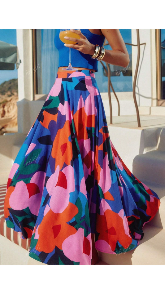 MULTICOLOR BLUE FLORAL PRINT MAXI SKIRT
