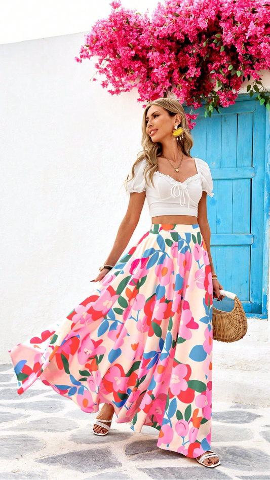 MULTICOLOR PINK FLORAL MAXI SKIRT