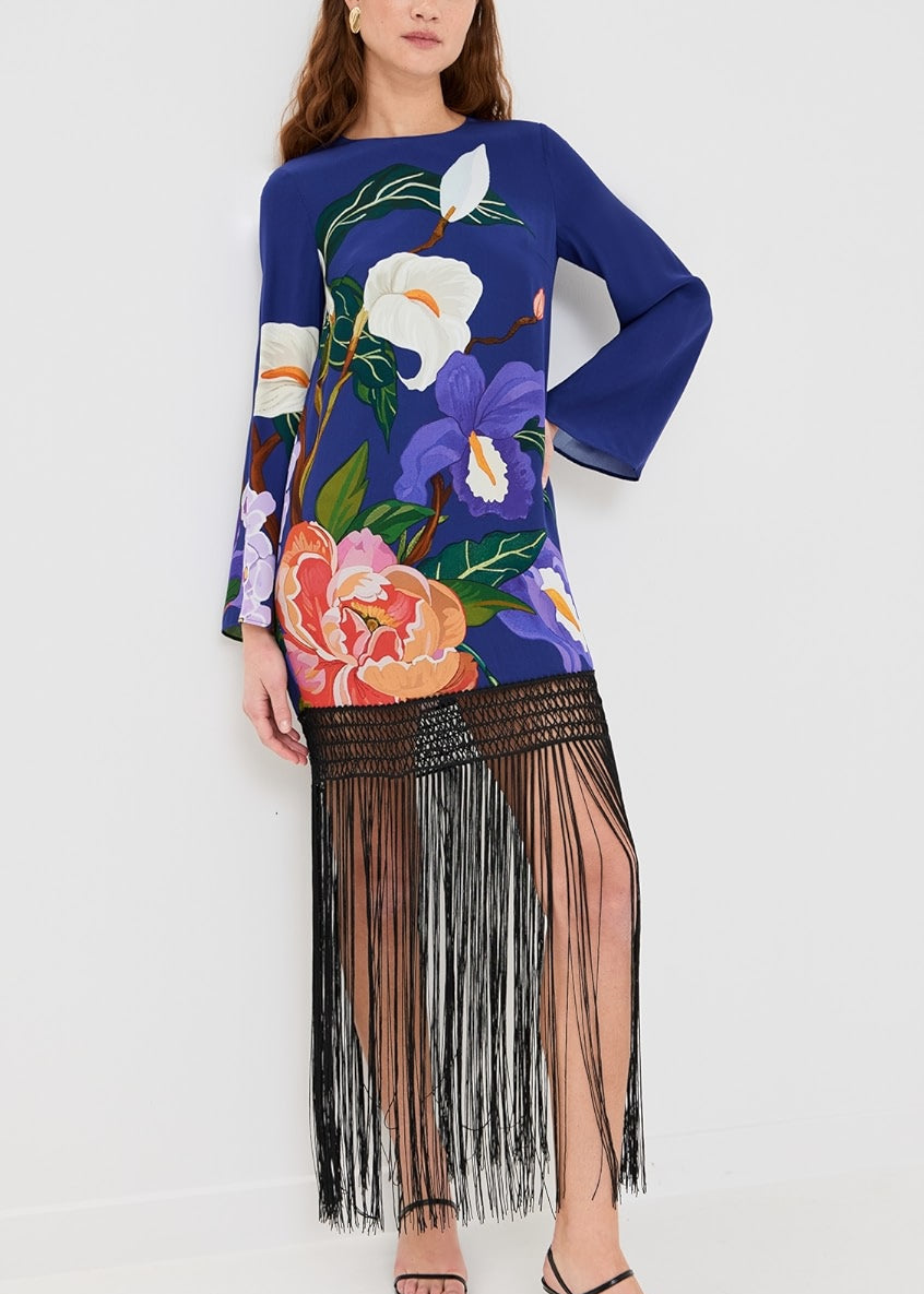 FRINGE TRIM BLUE FLORAL DRESS