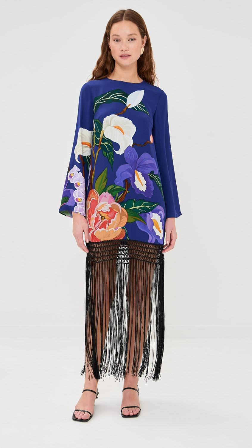 FRINGE TRIM BLUE FLORAL DRESS