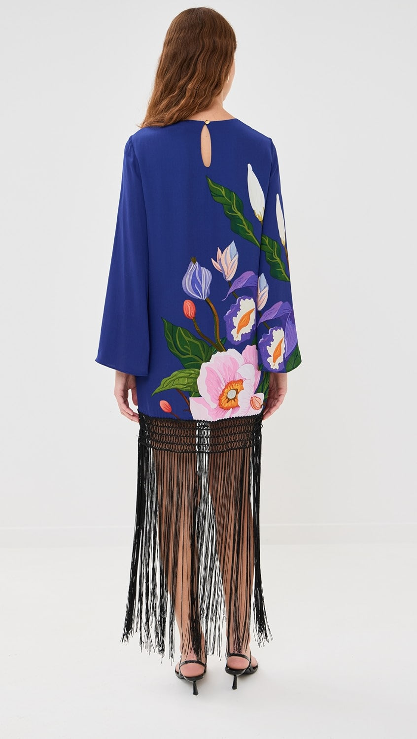 FRINGE TRIM BLUE FLORAL DRESS