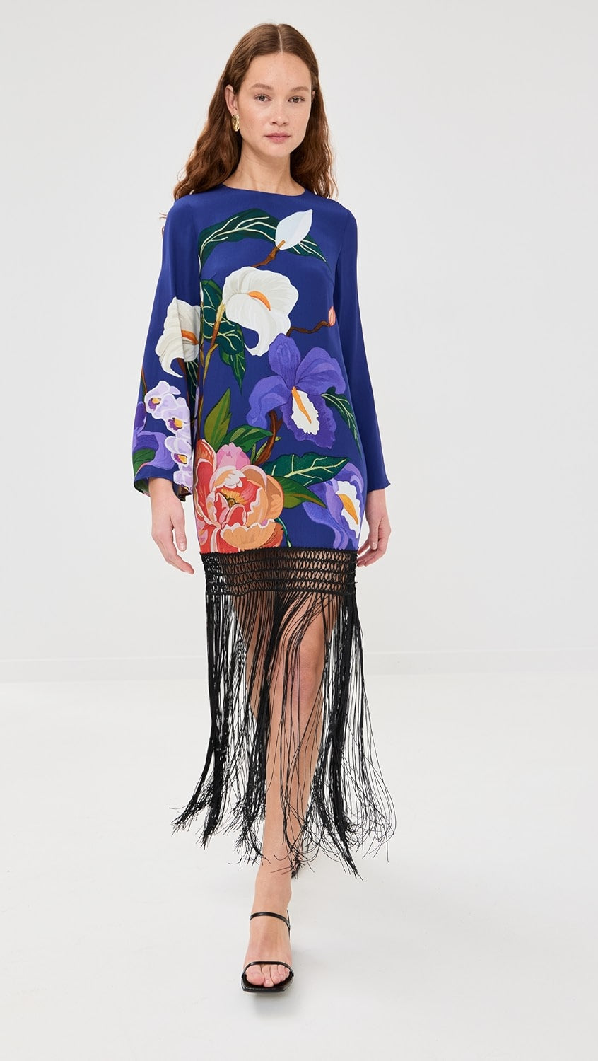 FRINGE TRIM BLUE FLORAL DRESS