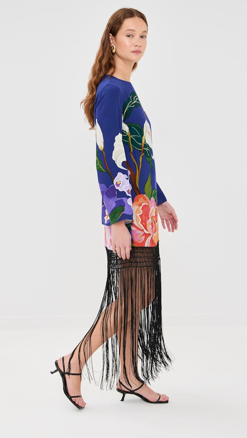 FRINGE TRIM BLUE FLORAL DRESS