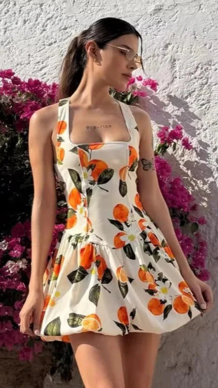 TANGERINE ORANGE PRINT BUBBLE DRESS